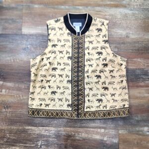Vintage Womens African Safari Zip Up Stonebridge Animal Print Vest Size 1X